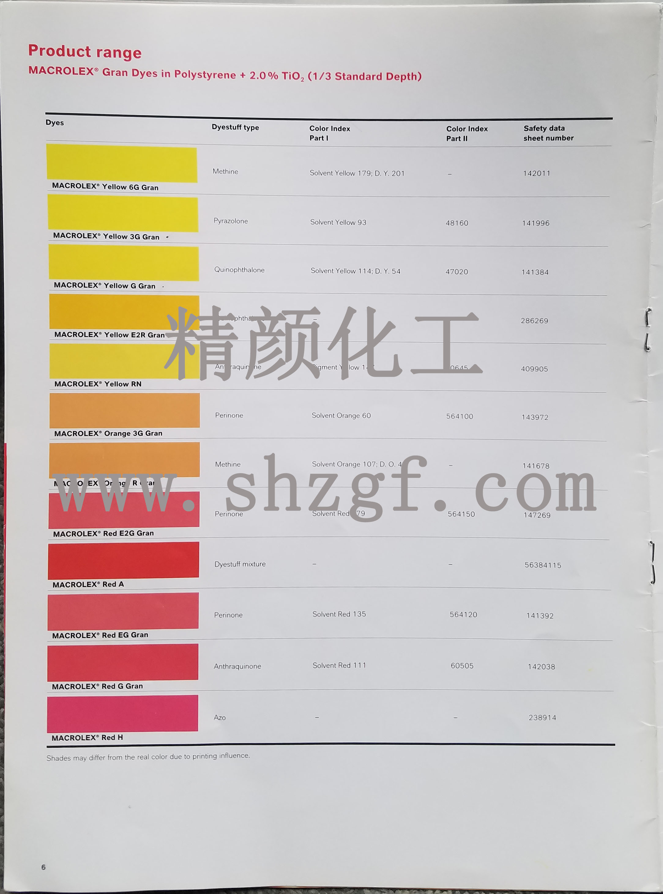 德國(guó)朗盛染料色卡LANXESS Macrolex馬高列斯塑膠染料色卡