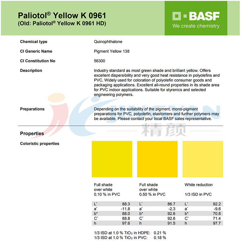 巴斯夫K0961顏料黃TDS技術(shù)數(shù)據(jù)表