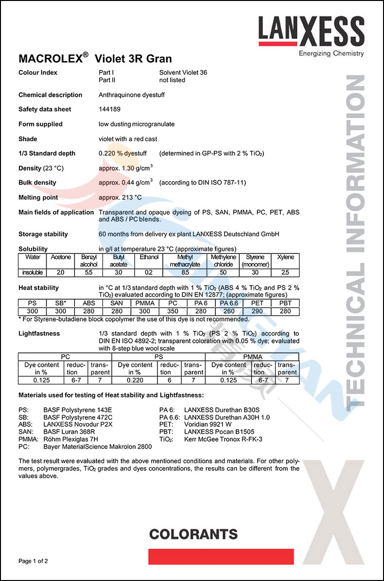 朗盛染料3R紫數據表1