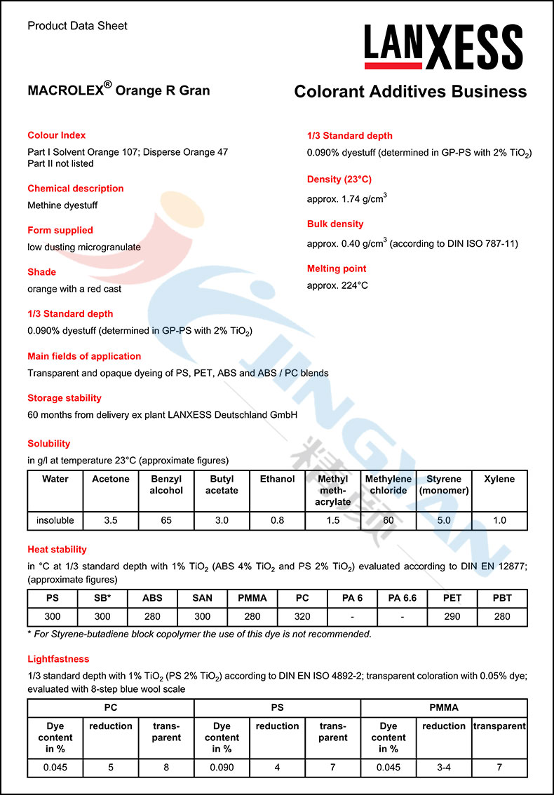 朗盛耐高溫染料橙R數(shù)據表1